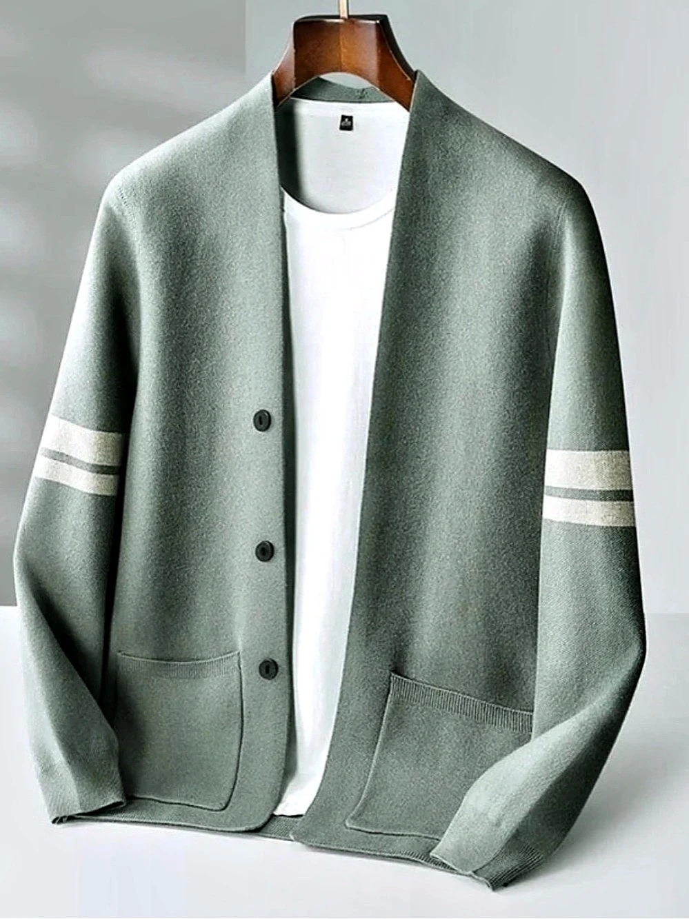 Men’s Lightweight open Cardigan in Green with White Stripes accent in small New